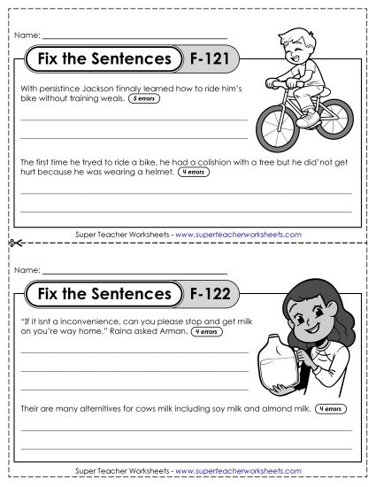 Fix the Sentences F-121 through F-125 (Printable PDF Worksheet)