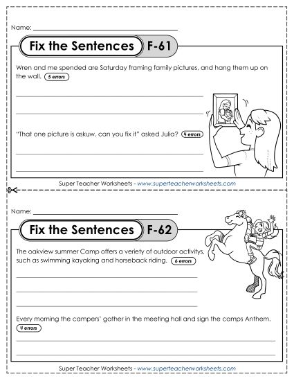 Fix the Sentences F-61 through F-65 (Printable PDF Worksheet)