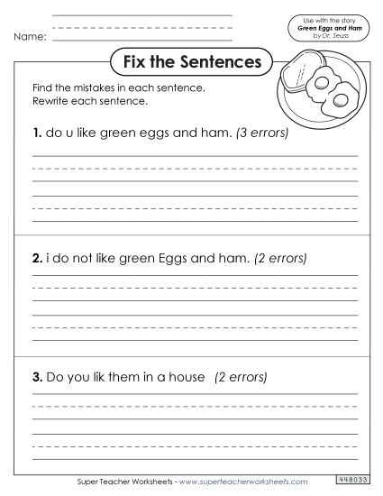 Activities - Fix the Sentences: Green Eggs (Printable PDF Worksheet)