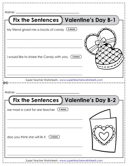 Holiday Proofreading - Fix the Sentences: Valentine's Day (Level B) (Printable PDF Worksheet)