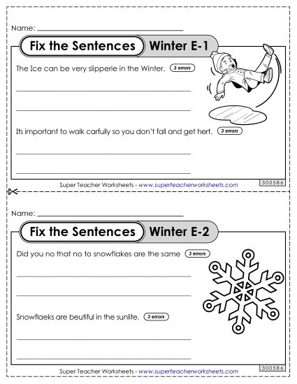 Holiday and Seasonal Proofreading - Fix the Sentences: Winter (Level E) (Printable PDF Worksheet)