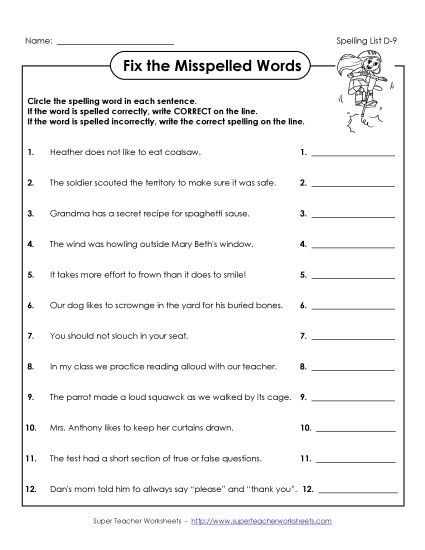 Worksheets - Fix the Spellings (D-9) (Printable PDF Worksheet)