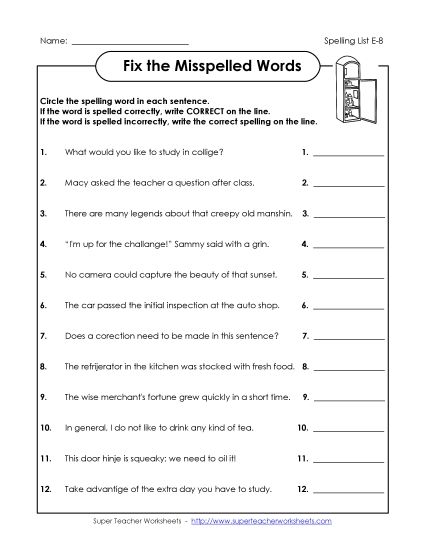 Printable Worksheets - Fix the Spellings (E-8) (Printable PDF Worksheet)