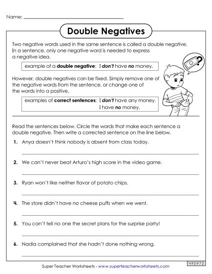 Worksheets - Fixing Double Negatives (Printable PDF Worksheet)