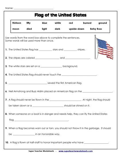American Flag - Flag Fill-in-the-Blank Activity (Printable PDF Worksheet)