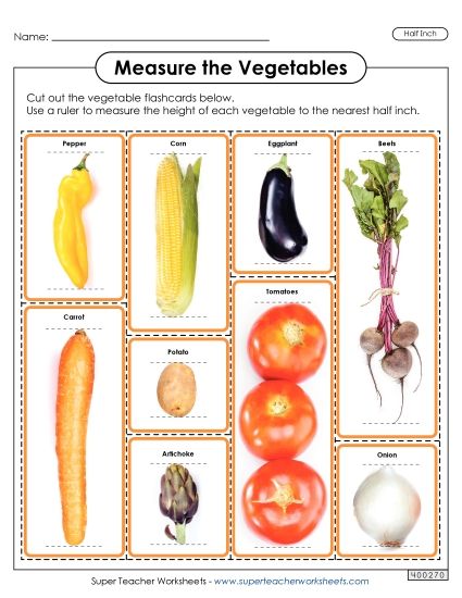 Nearest Half Inch - Flash Cards: Measure the Vegetables (Nearest Half Inch) (Printable PDF Worksheet)