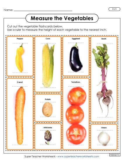 Nearest Inch - Flash Cards: Measure the Vegetables (Nearest Inch) (Printable PDF Worksheet)