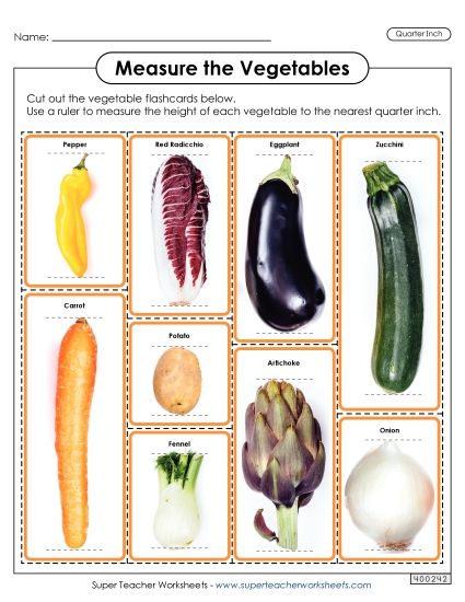 Nearest Quarter Inch - Flash Cards: Measure the Vegetables (Nearest Quarter Inch) (Printable PDF Worksheet)