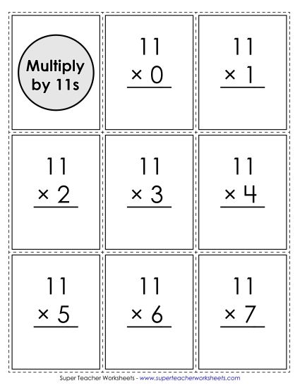 Multiplication by 11s Only - Flash Cards: Multiplying by 11 (Printable PDF Worksheet)