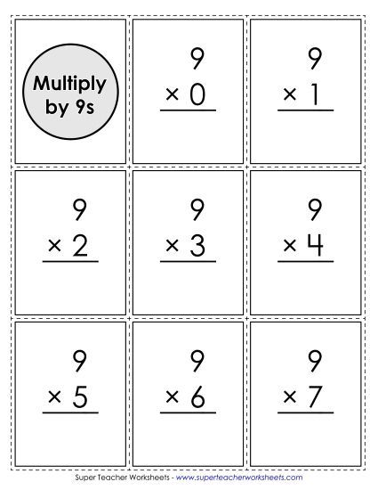 Multiplication by 9s Only - Flash Cards: Multiplying by 9s (Printable PDF Worksheet)
