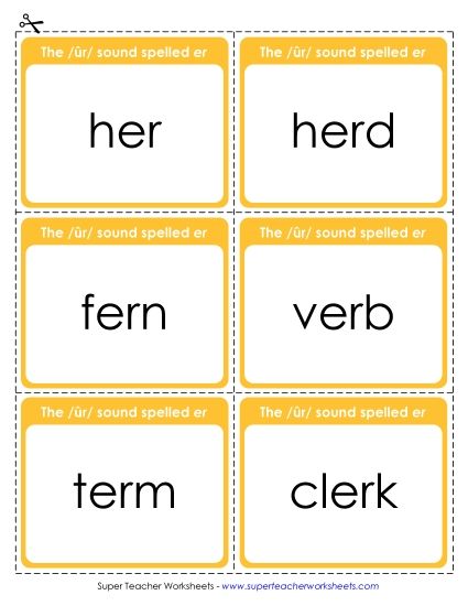 Flash Cards & Word Wheel - Flash Cards:  /ûr/ Spelled <i>er</i> (Printable PDF Worksheet)