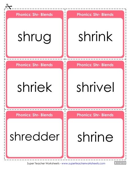 Flashcards, Sliders, and Word Wheels - Flash Cards (Shr- Words) (Printable PDF Worksheet)