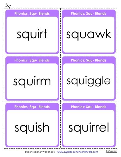 Flashcards, Sliders, and Word Wheels - Flash Cards (Squ- Words) (Printable PDF Worksheet)