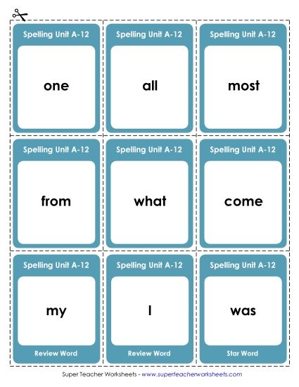 Flashcards, Word Wheel, and Slider - Flashcards (A-12) (Printable PDF Worksheet)