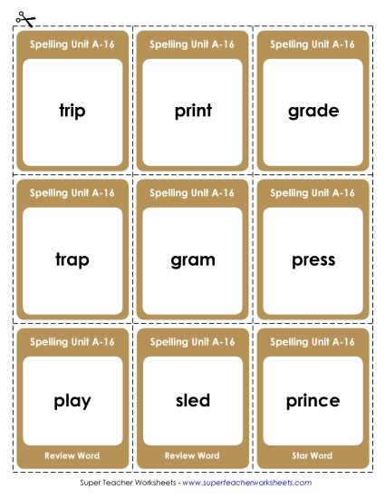 Flashcards, Word Wheel, and Slider - Flashcards (A-16) (Printable PDF Worksheet)