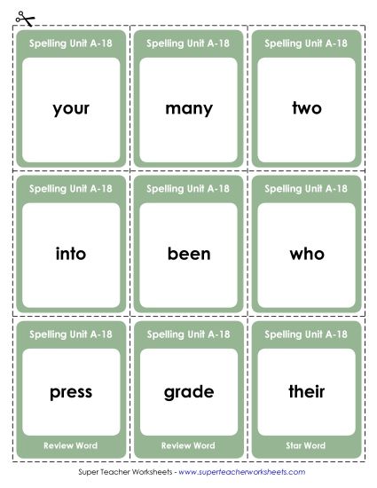 Flashcards, Word Wheel, and Slider - Flashcards (A-18) (Printable PDF Worksheet)
