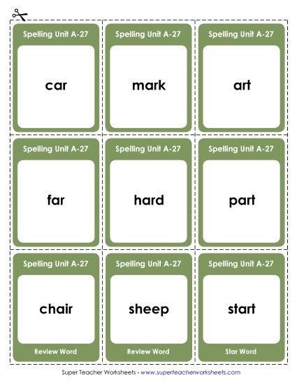 Flashcards, Word Wheel, and Slider - Flashcards (A-27) (Printable PDF Worksheet)