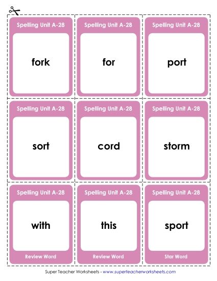 Flashcards, Word Wheel, and Slider - Flashcards (A-28) (Printable PDF Worksheet)