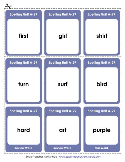 Flashcards, Word Wheel, and Slider - Flashcards (A-29) (Printable PDF Worksheet)