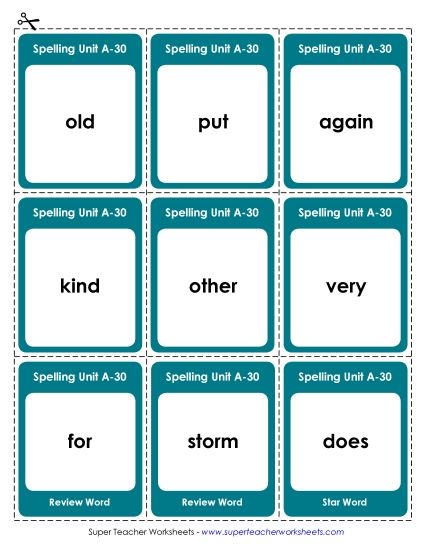 Flashcards, Word Wheel, and Slider - Flashcards (A-30) (Printable PDF Worksheet)
