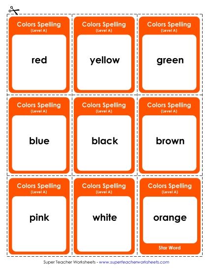 Flashcards, Word Wheel, and Slider - Flashcards (A-Color Words) (Printable PDF Worksheet)