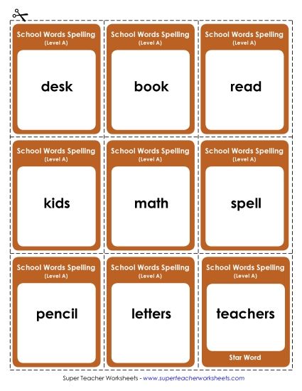Flashcards, Word Wheel, and Slider - Flashcards (A-School Words) (Printable PDF Worksheet)