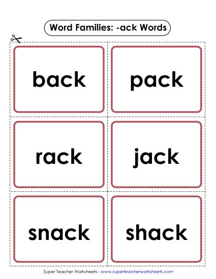 Word Slider, Flashcards, and Word Wheel - Flashcards (-ack) (Printable PDF Worksheet)
