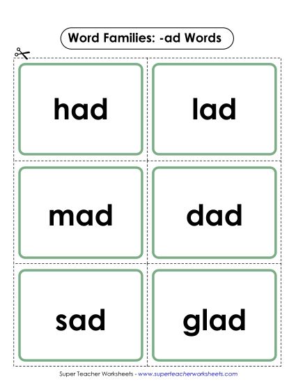 Word Slider, Flashcards, and Word Wheel - Flashcards (-ad) (Printable PDF Worksheet)