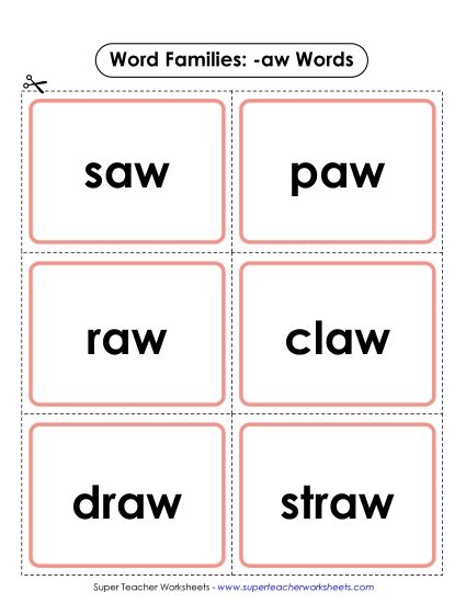 Word Slider, Flashcards, and Word Wheel - Flashcards (-aw) (Printable PDF Worksheet)