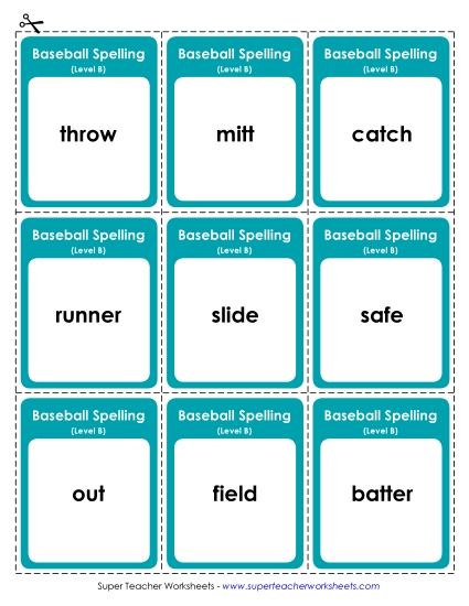 Flashcards, Word Wheel, and Slider - Flashcards (B-Baseball) (Printable PDF Worksheet)