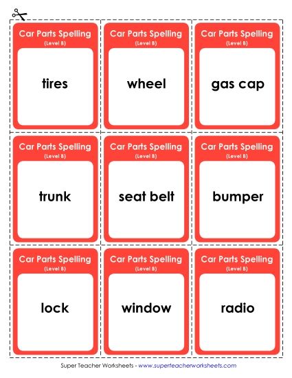 Flashcards, Word Wheel, and Slider - Flashcards (B-Car Parts) (Printable PDF Worksheet)