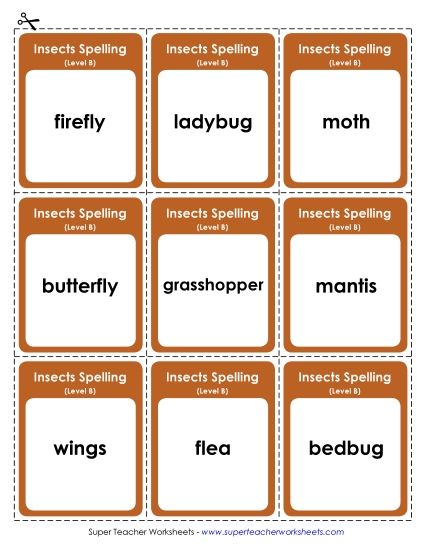 Flashcards, Word Wheel, and Slider - Flashcards (B-Insect Words) (Printable PDF Worksheet)