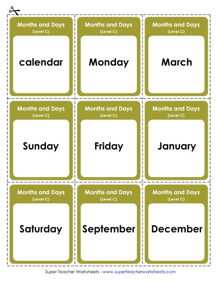 Flashcards and Word Wheel - Flashcards (C-Months and Days)  (Printable PDF Worksheet)