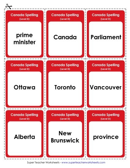 Flashcards - Flashcards (D-Canada Words)  (Printable PDF Worksheet)