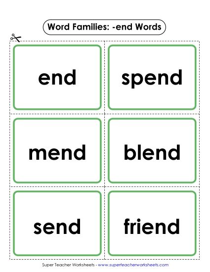 Word Slider, Flashcards, and Word Wheel - Flashcards (-end) (Printable PDF Worksheet)