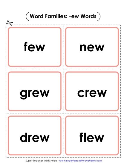 Word Slider, Flashcards, and Word Wheel - Flashcards (-ew) (Printable PDF Worksheet)