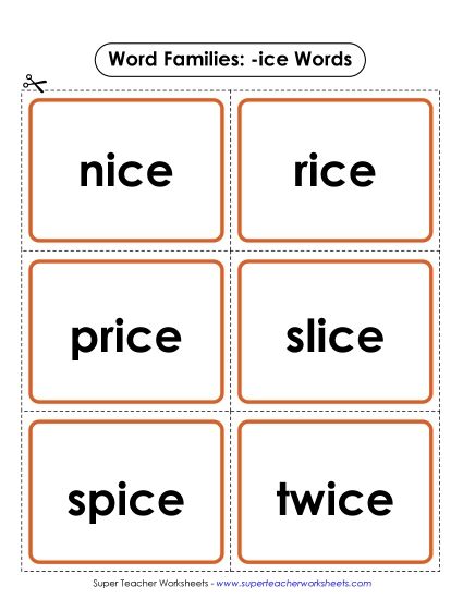 Word Slider, Flashcards, and Word Wheel - Flashcards (-ice) (Printable PDF Worksheet)