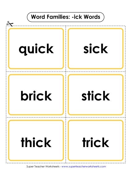 Word Slider, Flashcards, and Word Wheel - Flashcards (-ick) (Printable PDF Worksheet)