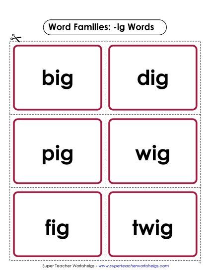 Word Slider, Flashcards, and Word Wheel - Flashcards (-ig) (Printable PDF Worksheet)
