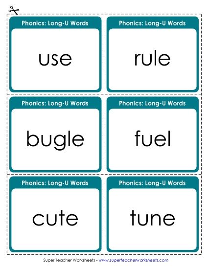 Flash Cards, Sliders, and Word Wheels - Flashcards (Long U) (Printable PDF Worksheet)