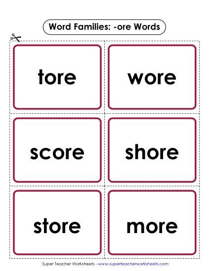 Word Slider, Flashcards, and Word Wheel - Flashcards (-ore) (Printable PDF Worksheet)