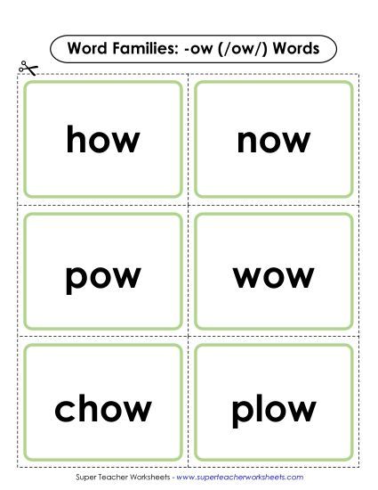 Word Slider, Flashcards, and Word Wheel /ow/ Sound (as in Cow) - Flashcards (-ow) (Printable PDF Worksheet)