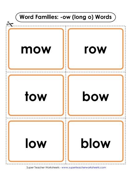 Word Slider, Flashcards, and Word Wheel Long-O Sound (as in Glow) - Flashcards (-ow) (Printable PDF Worksheet)
