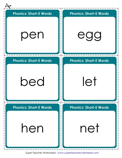 Flashcards, Sliders, Word Wheels - Flashcards (Short E) (Printable PDF Worksheet)