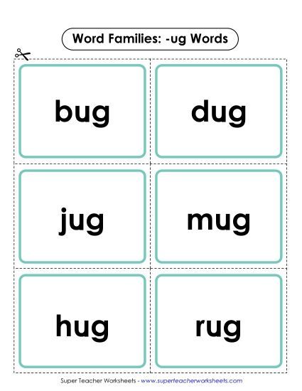 Word Slider, Flashcards, and Word Wheel - Flashcards (-ug) (Printable PDF Worksheet)