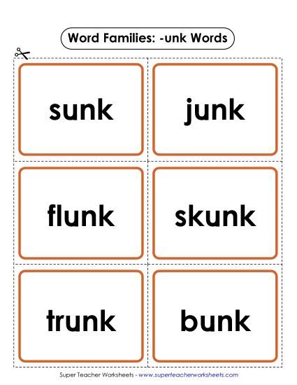 Word Slider, Flashcards, and Word Wheel - Flashcards (-unk) (Printable PDF Worksheet)
