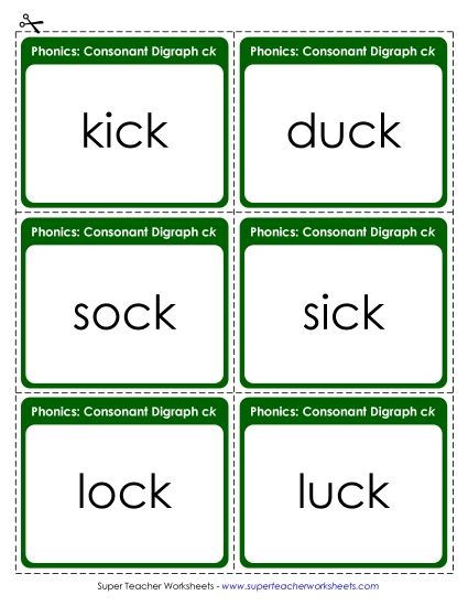 Flashcards, Sliders, and Word Wheels - Flashcards:   Words Ending with /ck/ (Printable PDF Worksheet)