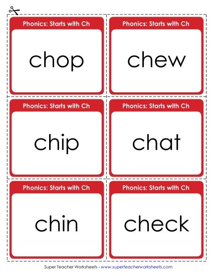 Flashcards, Sliders, and Word Wheels - Flashcards: Words Starting with CH (Printable PDF Worksheet)