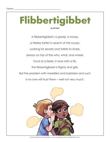 5th Grade Poems - Flibbertigibbet (Printable PDF Worksheet)