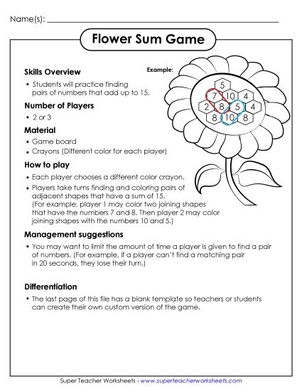 Sum Game - Flower Sum Game (Printable PDF Worksheet)